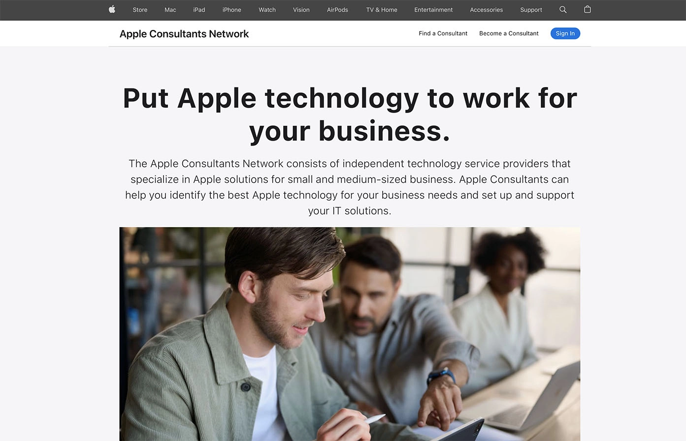 Apple Consultants Network — consultant-locator platform interface showing certified consultants by region and specialty